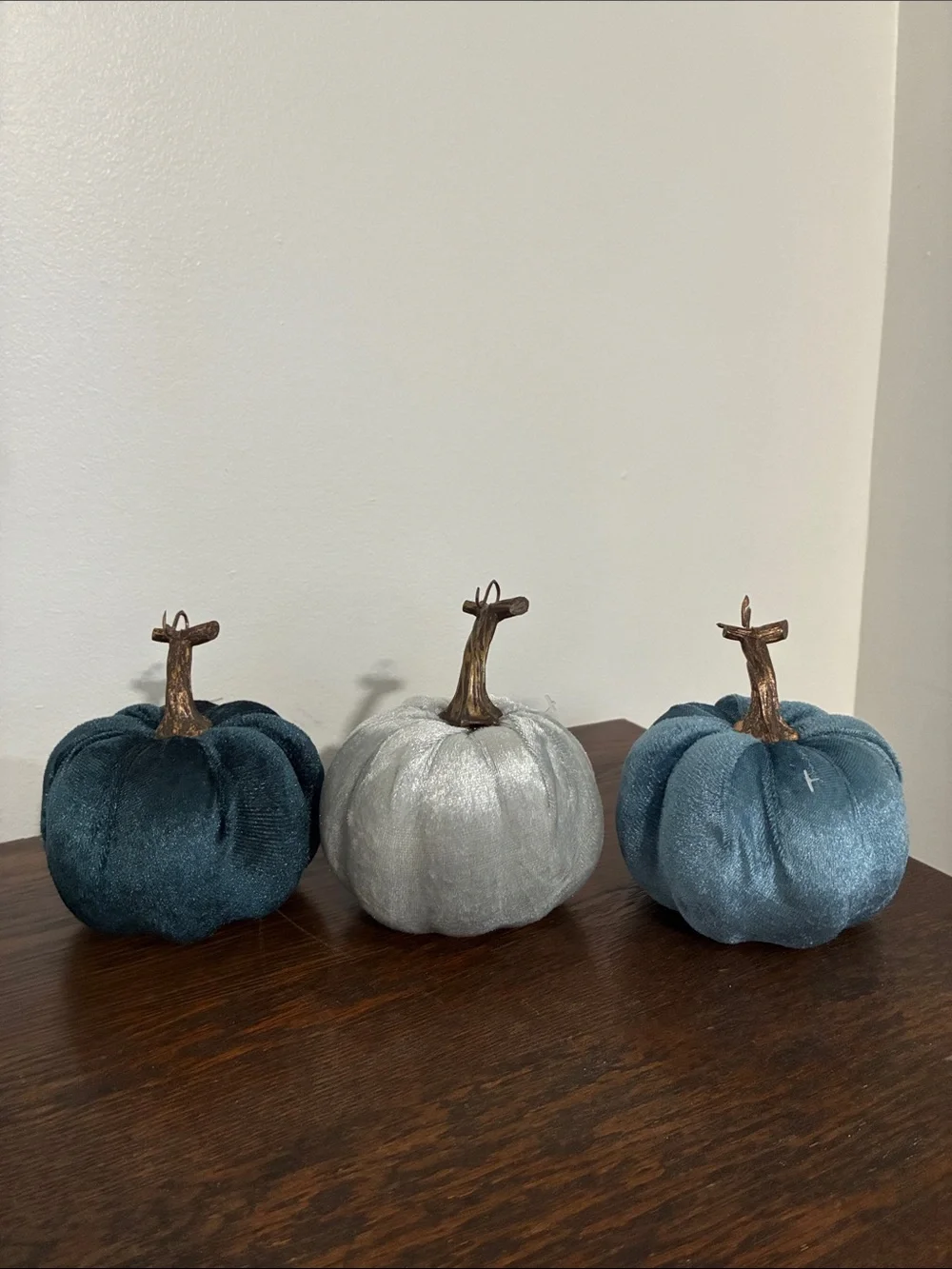 NWT Set of 3- Velvet Pumpkins- Dark Blue, Silver, Teal Fall Holiday Decorations
